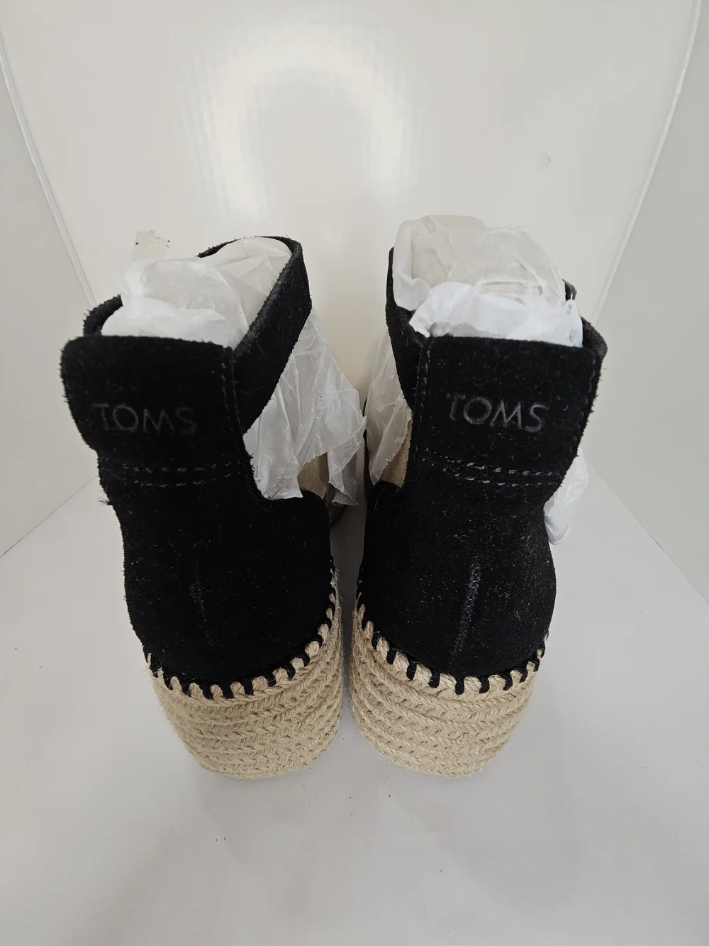 NWT TOMS Laila Black Suede Platform Espadrille Sandals Ankle Strap Women's 8.5